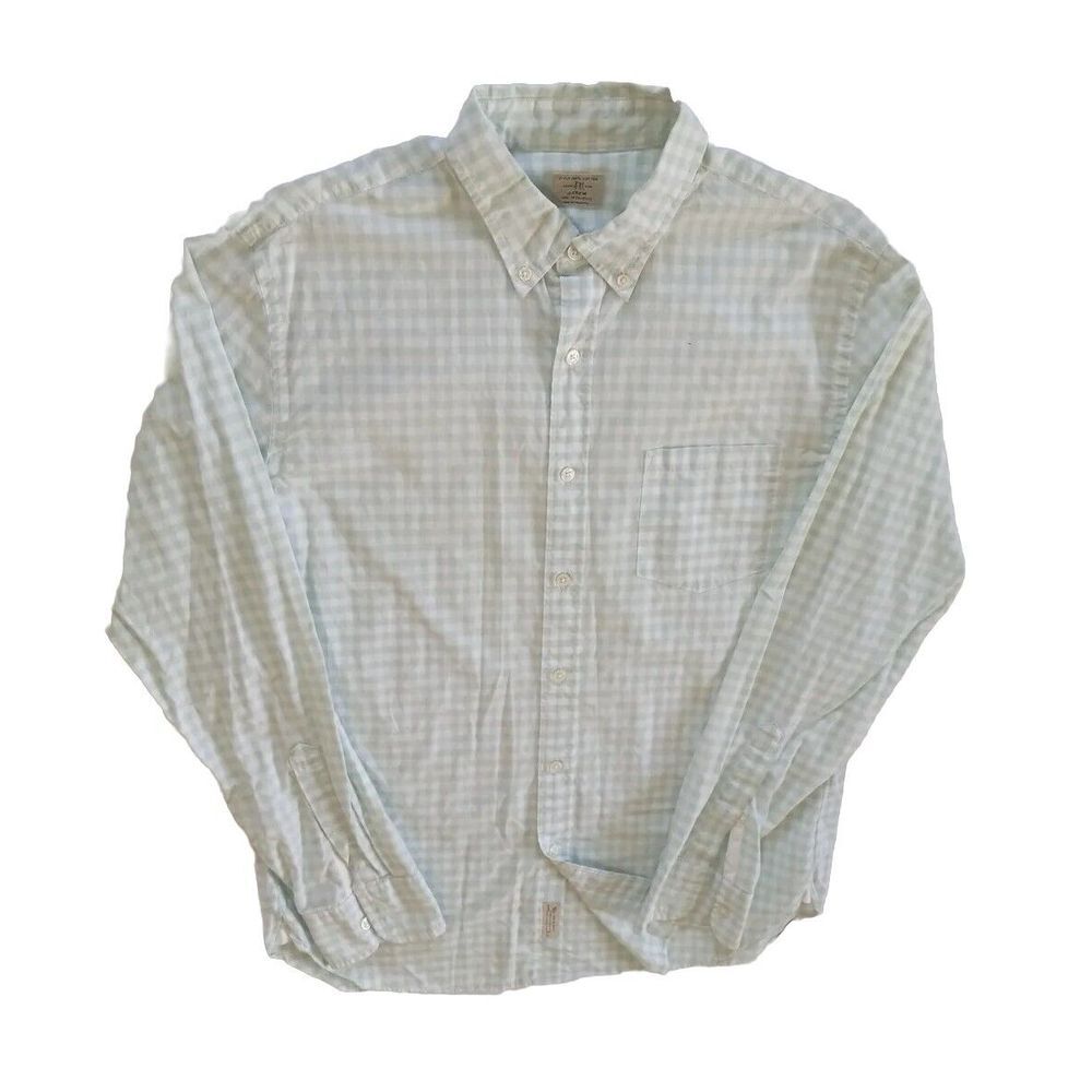 J CREW Men's Medium Long-Sleeve Buttons Down 2 Ply Shirt Plaid Light Green